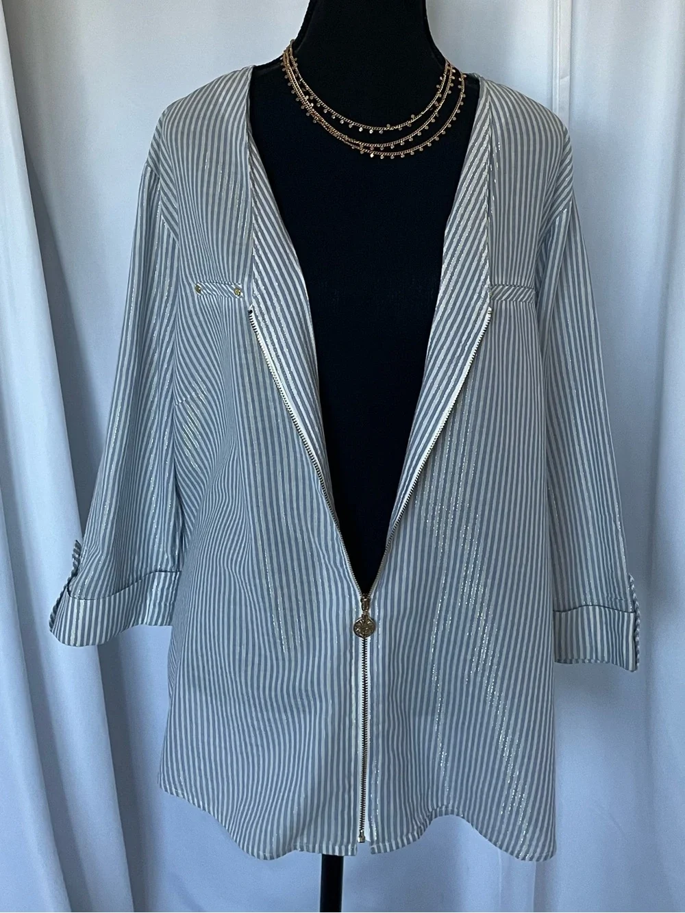 Anne Klein Swimsuit Cover Up Full Zip Blue White Gold Pinstripe Coastal Size XL